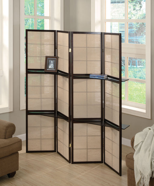 Iggy 4-panel Folding Screen with Removable Shelves Tan and Cappuccino - Casa Morelos / Coahuila Furniture (Oklahoma City, OK)