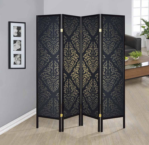 Haidera 4-panel Damask Pattern Folding Screen Black - Casa Morelos / Coahuila Furniture (Oklahoma City, OK)