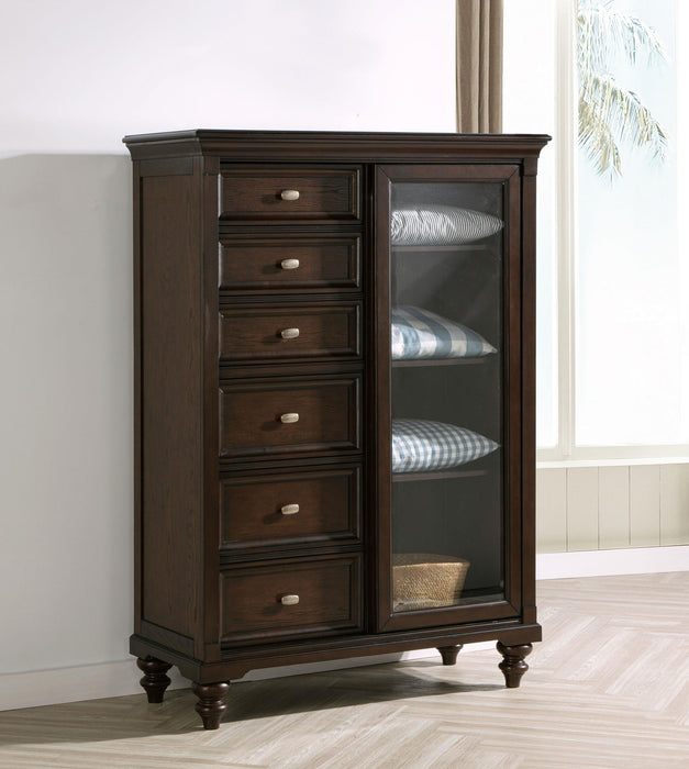 Andover 6-drawer Tempered Glass Door Chest Dark Oak - Casa Morelos / Coahuila Furniture (Oklahoma City, OK)