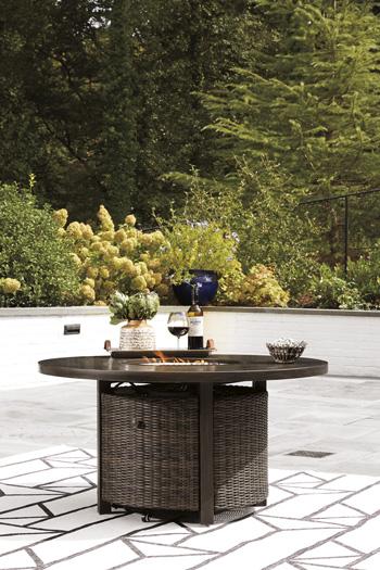 Paradise Trail Paradise Trail Fire Pit Table with 4 Nuvella Swivel Lounge Chairs - Casa Morelos / Coahuila Furniture (Oklahoma City, OK)