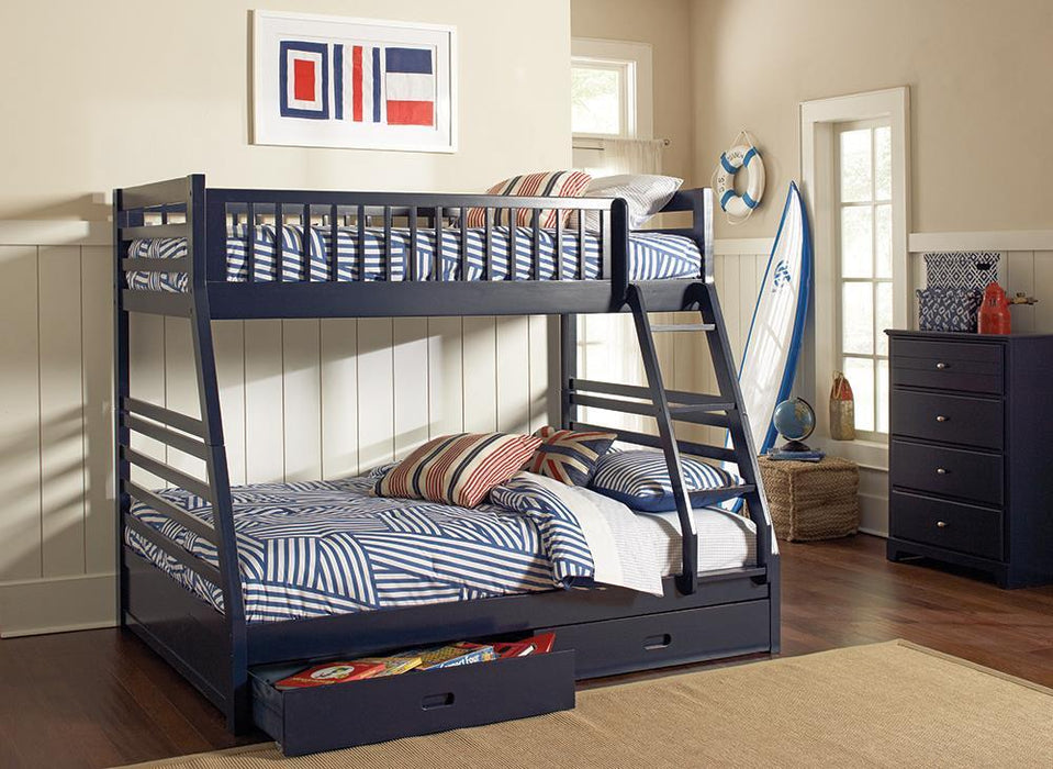 Ashton Twin Over Full 2-drawer Bunk Bed Cappuccino, White, Navy, Honey, & Brown - Casa Morelos / Coahuila Furniture (Oklahoma City, OK)
