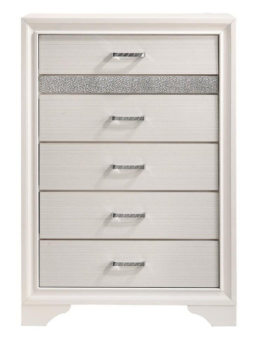 Miranda 5-drawer Chest White and Rhinestone - Casa Morelos / Coahuila Furniture (Oklahoma City, OK)