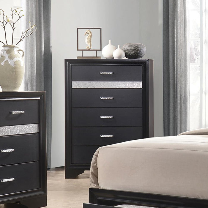 Miranda 5-drawer Chest Black and Rhinestone - Casa Morelos / Coahuila Furniture (Oklahoma City, OK)