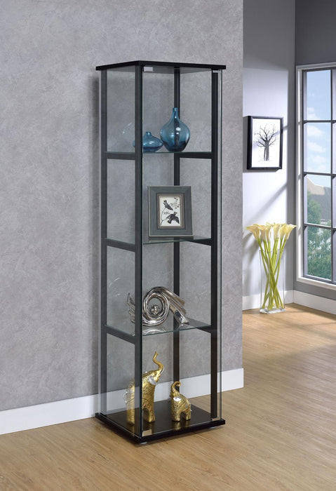 Cyclamen 4-shelf Glass Curio Cabinet Black and Clear - Casa Morelos / Coahuila Furniture (Oklahoma City, OK)