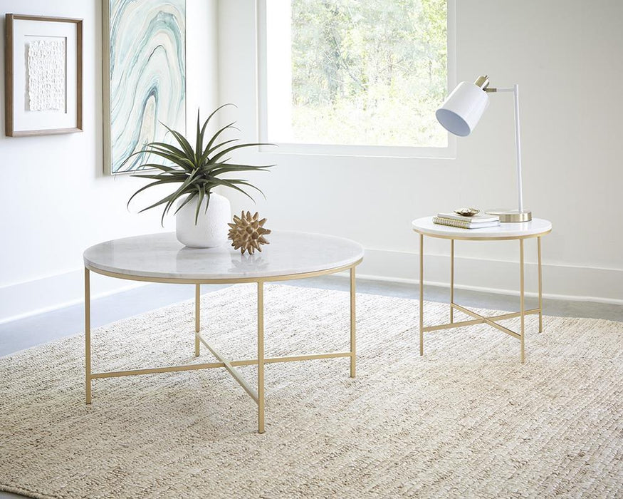 Ellison Round X-cross End Table White and Gold - Casa Morelos / Coahuila Furniture (Oklahoma City, OK)