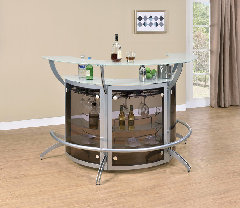 Dallas 2-shelf Curved Home Bar Silver and Frosted Glass (Set of 3) - Casa Morelos / Coahuila Furniture (Oklahoma City, OK)