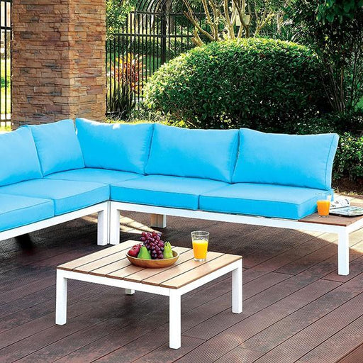 WINONA White/Oak/Blue Patio Sectional w/ Table - Casa Morelos / Coahuila Furniture (Oklahoma City, OK)