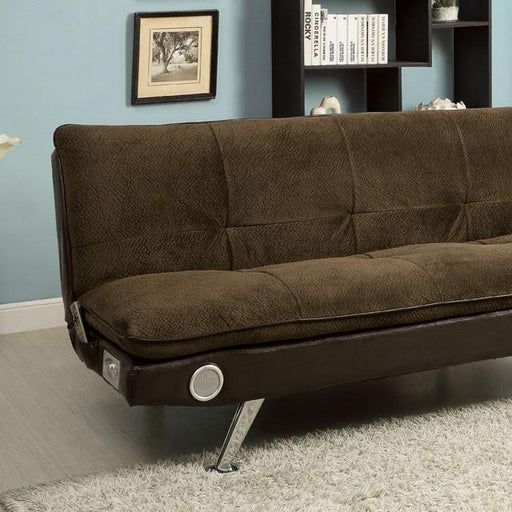 GALLAGHER Dark Brown/Chrome Futon Sofa w/ Bluetooth Speaker, Brown - Casa Morelos / Coahuila Furniture (Oklahoma City, OK)