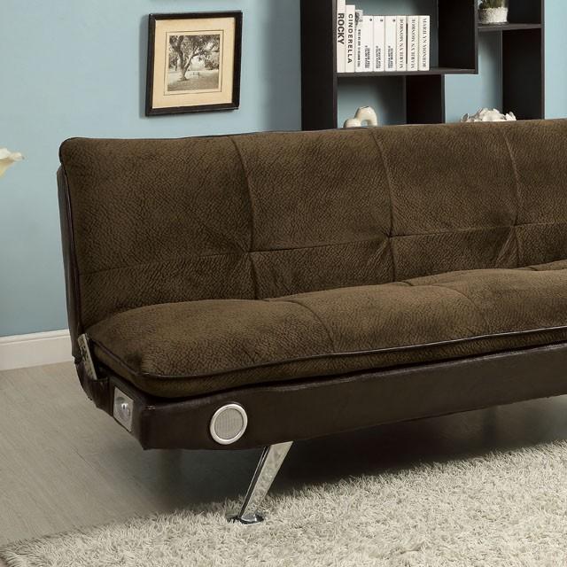 GALLAGHER Dark Brown/Chrome Futon Sofa w/ Bluetooth Speaker, Brown - Casa Morelos / Coahuila Furniture (Oklahoma City, OK)