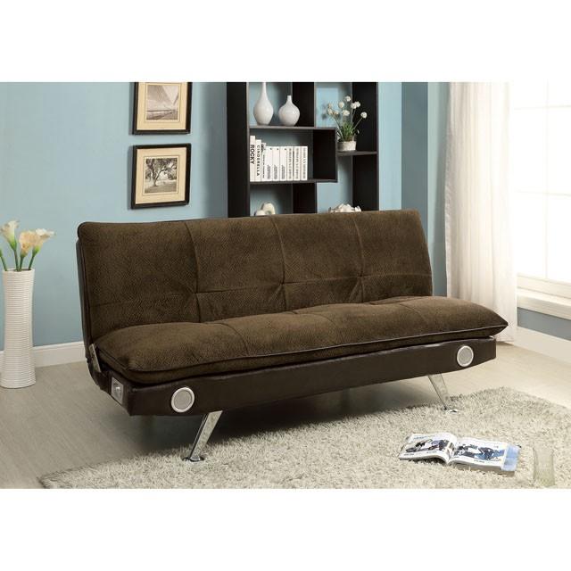GALLAGHER Dark Brown/Chrome Futon Sofa w/ Bluetooth Speaker, Brown - Casa Morelos / Coahuila Furniture (Oklahoma City, OK)