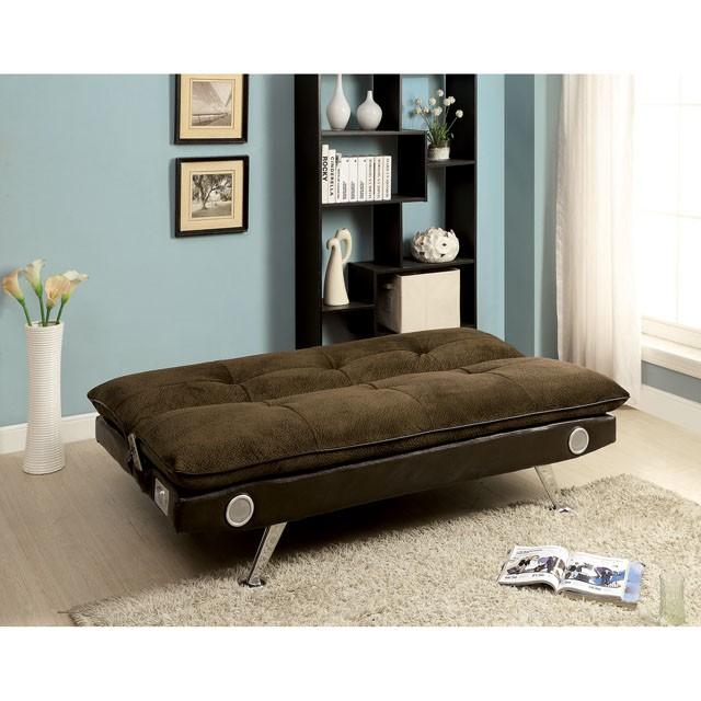GALLAGHER Dark Brown/Chrome Futon Sofa w/ Bluetooth Speaker, Brown - Casa Morelos / Coahuila Furniture (Oklahoma City, OK)