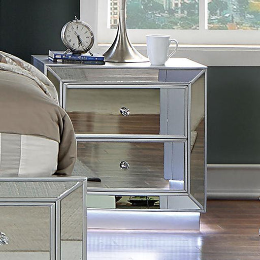 BELLADONNA Night Stand w/ LED & USB, Silver - Casa Morelos / Coahuila Furniture (Oklahoma City, OK)