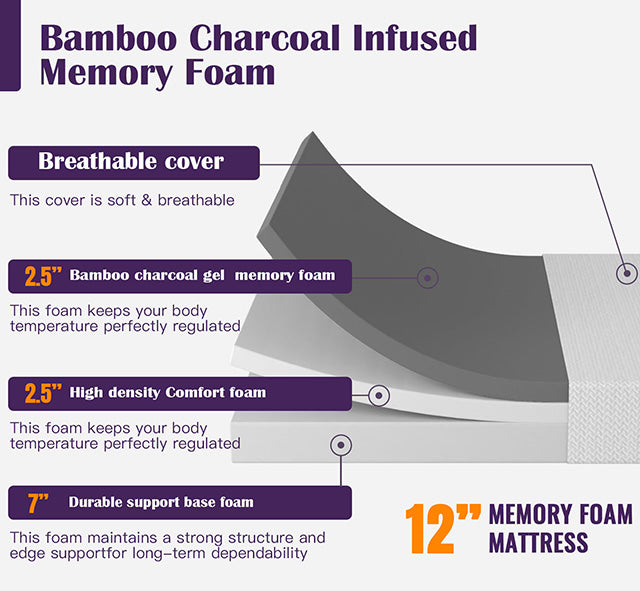 Nasturtium 12" Queen Bamboo Charcoal Infused Memory Foam - Casa Morelos / Coahuila Furniture (Oklahoma City, OK)